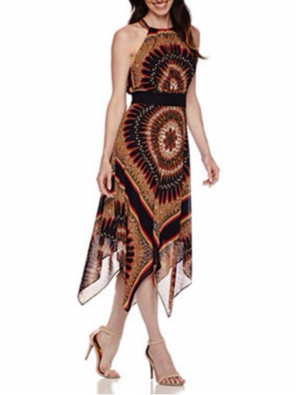 Studio One New York Multi Halter Handkerchief Midi Dress Medallion Print